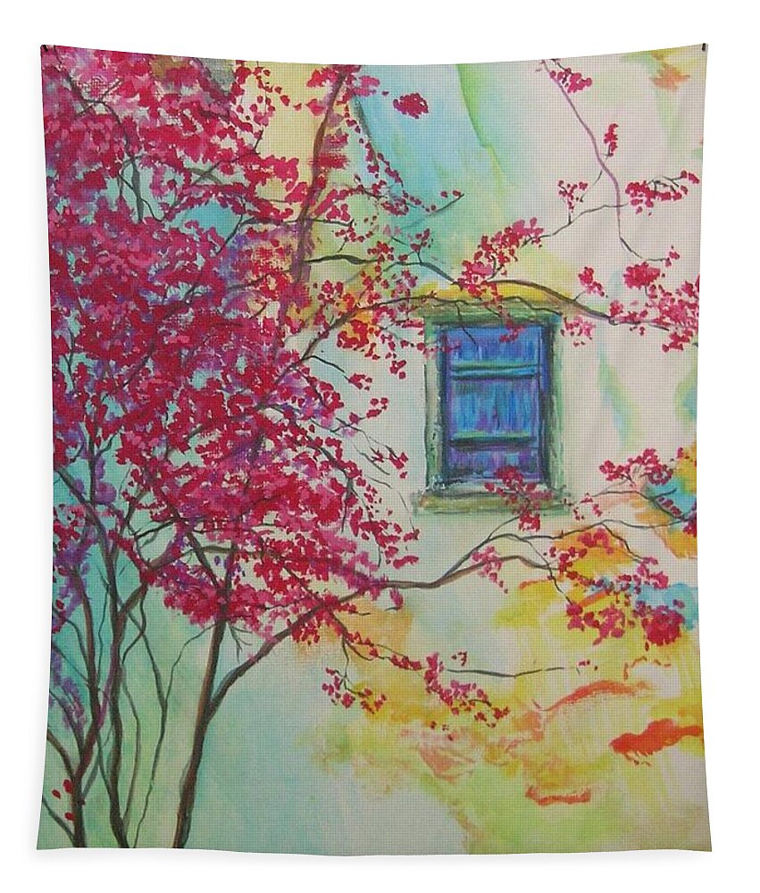 Bouganvilla Tapestry featuring the painting Bouganvilla And Blue Shutter by Lizzy Forrester