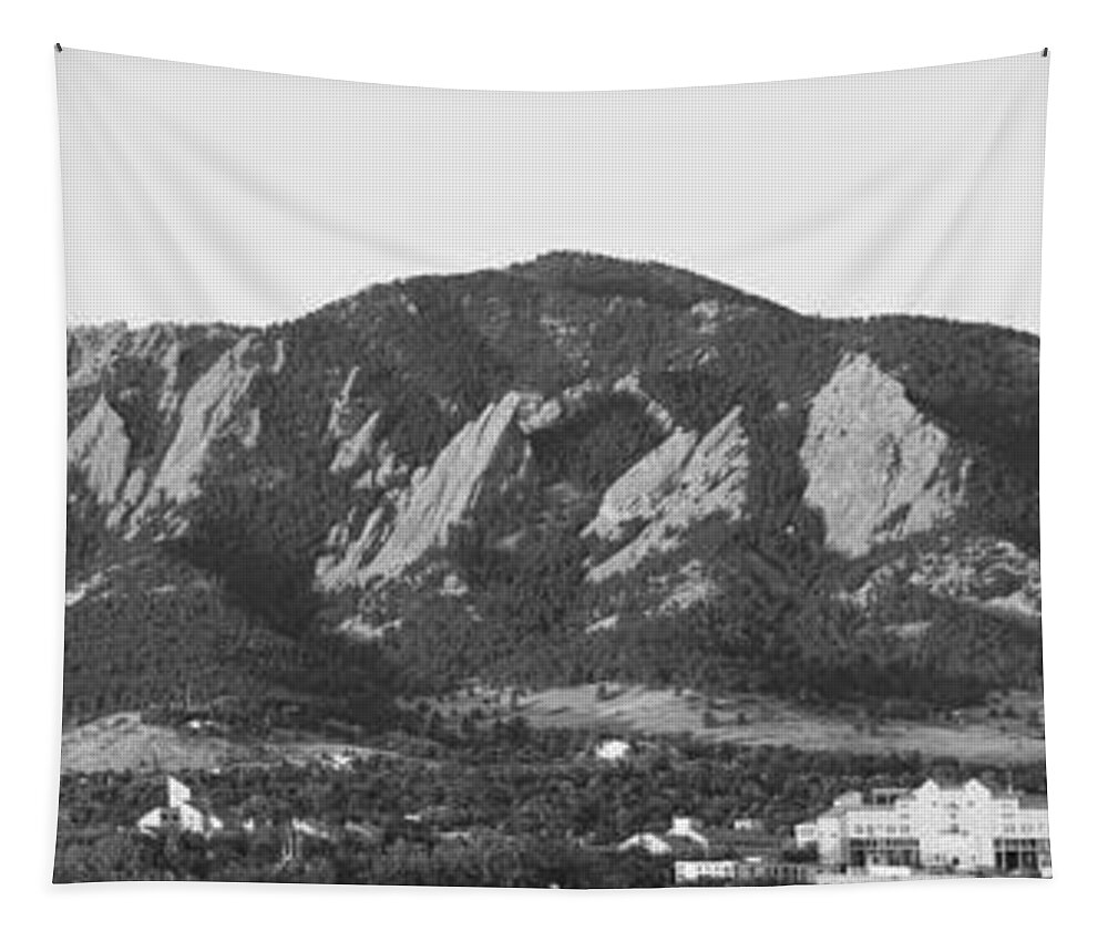 'boulder Photos' Tapestry featuring the photograph Boulder Colorado Flatirons and CU Campus Panorama BW by James BO Insogna