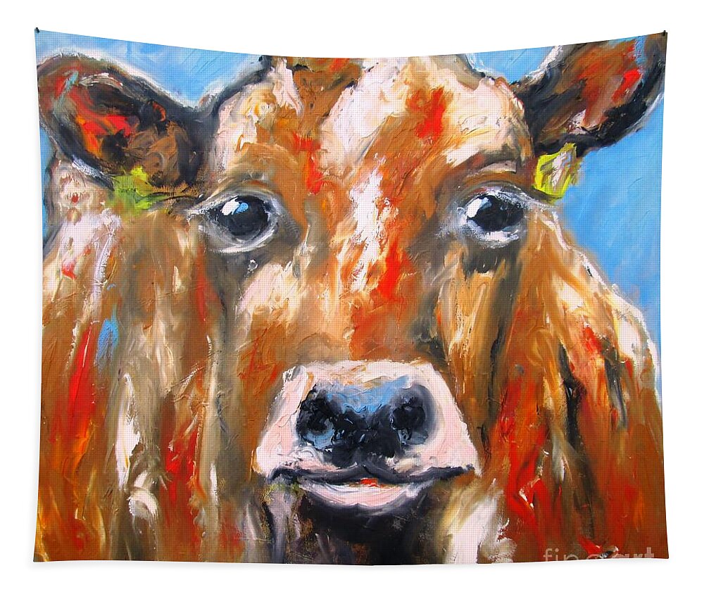 Cow Tapestry featuring the painting Bovine Cow Available As A Largewall Art Print On Stretched Canvas by Mary Cahalan Lee - aka PIXI