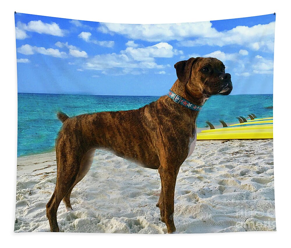 Boxer Tapestry featuring the painting Boxer Dog Surfer Beach Bum And Friend by Saundra Myles