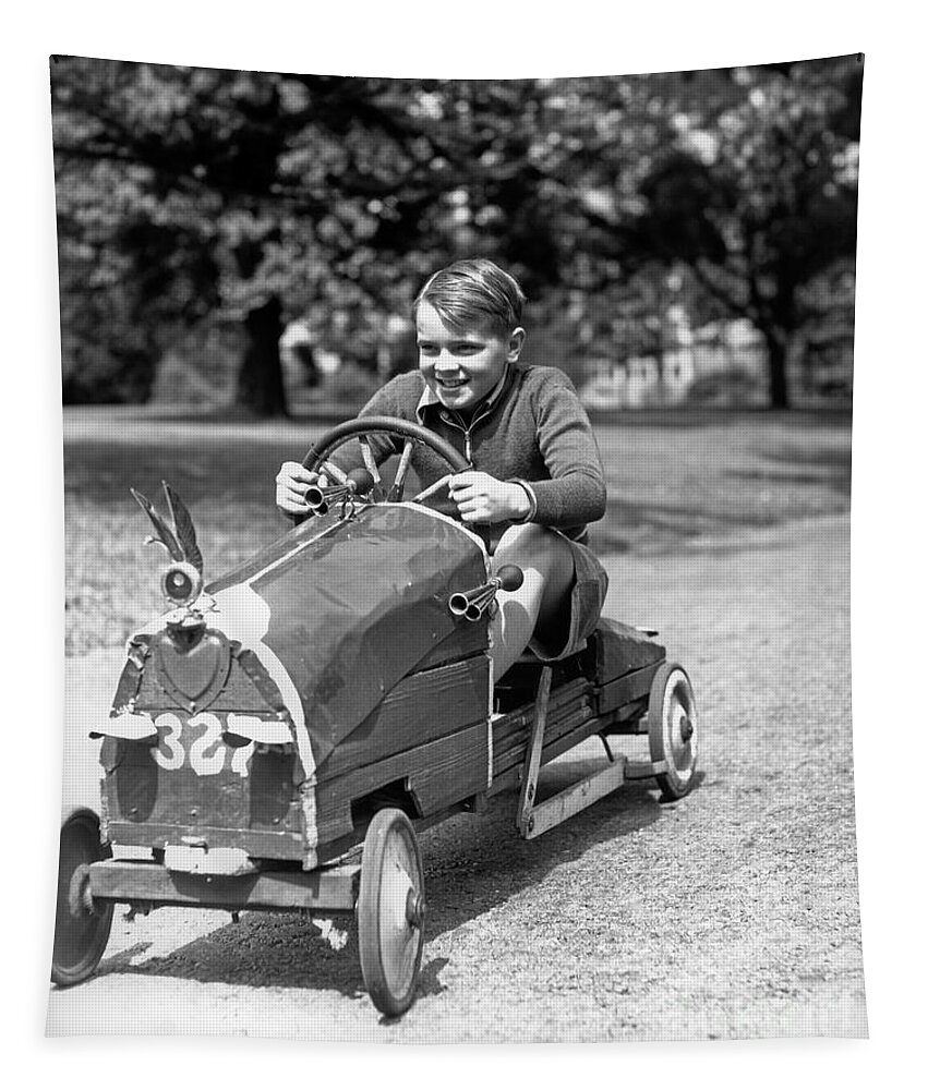 Sports Tapestry featuring the photograph Boy In Homemade Race Car, C.1930s by H. Armstrong Roberts/ClassicStock