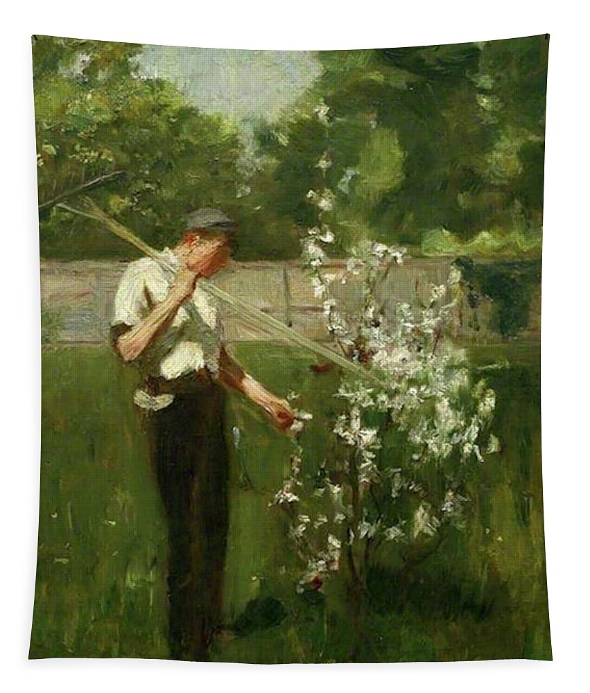 Boy Tapestry featuring the painting Boy with a Grass Rake by Henry Scott Tuke