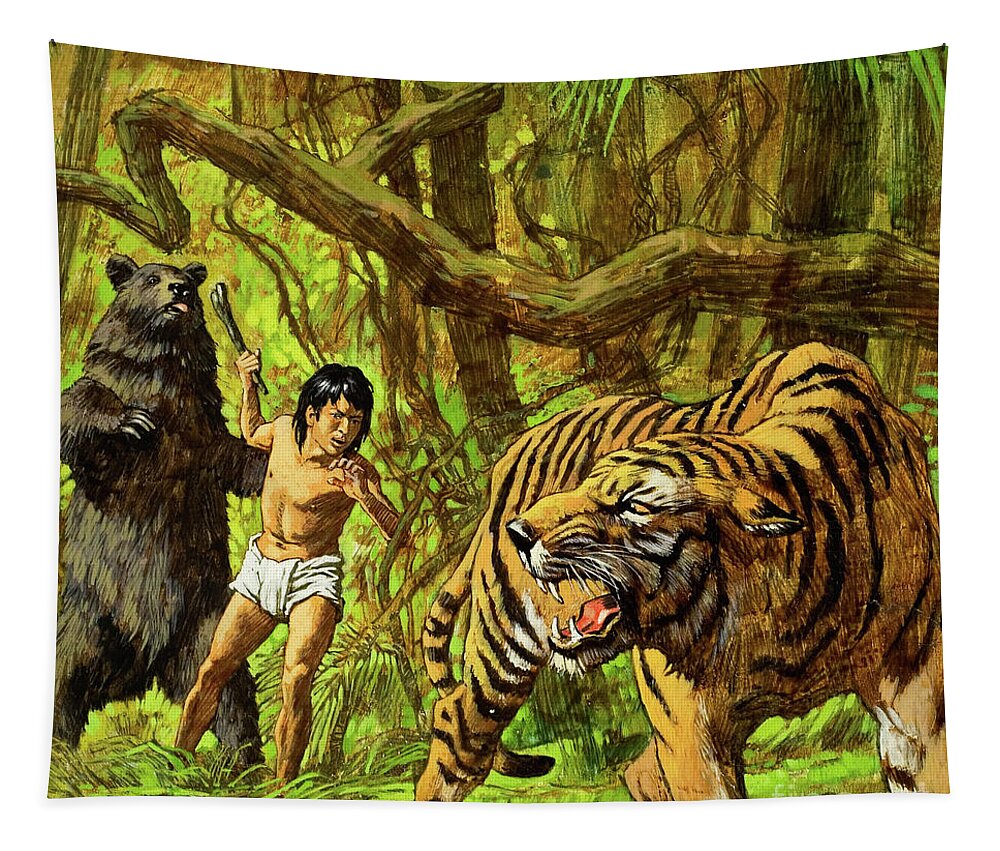 The Jungle Book Tapestry featuring the painting Boy with Bear and Tiger by English School
