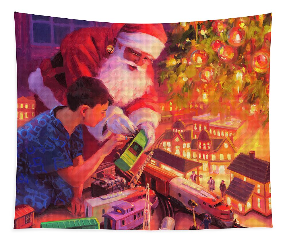 Santa Tapestry featuring the painting Boys and Their Trains by Steve Henderson