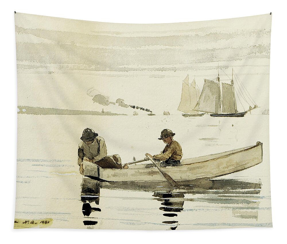 Winslow Homer Tapestry featuring the drawing Boys Fishing by Winslow Homer