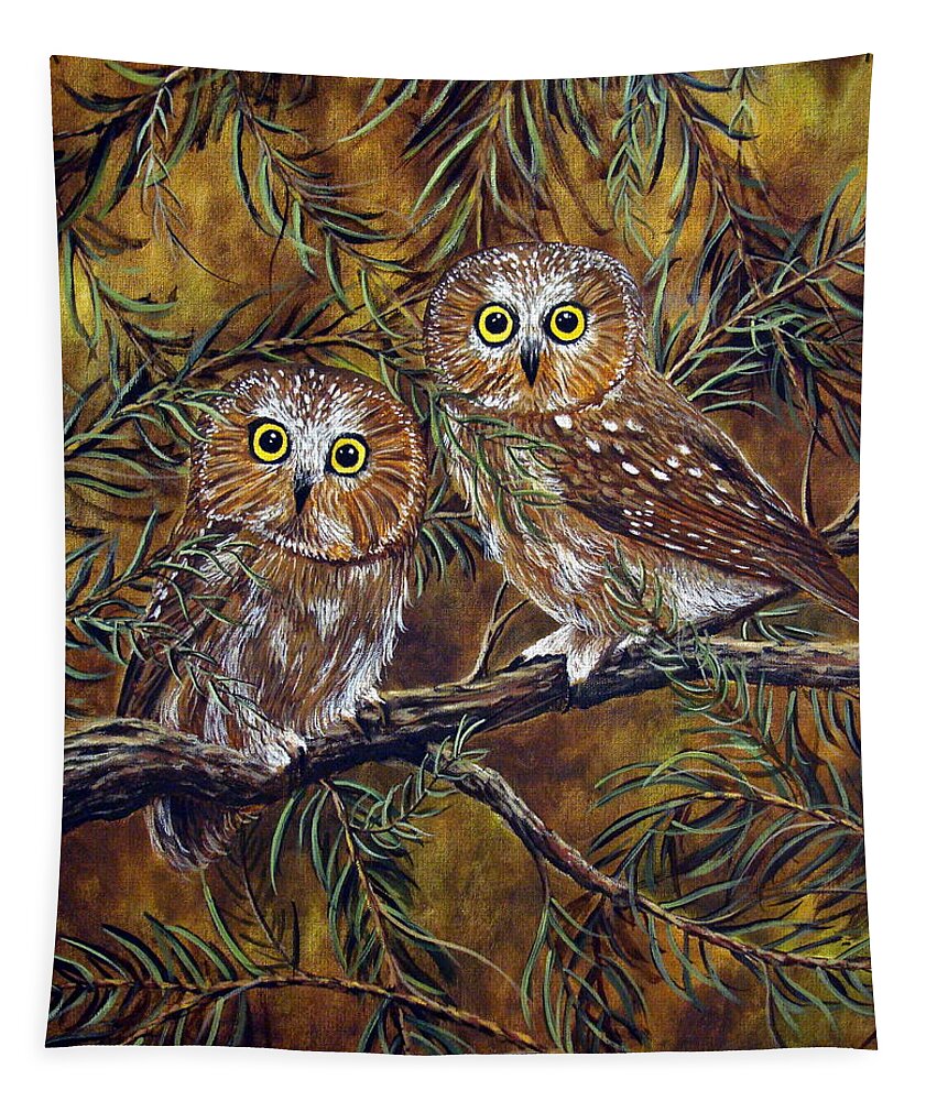 Owls Tapestry featuring the painting Branch Buddies by David G Paul