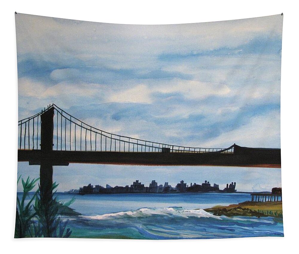 Beach Scene Tapestry featuring the painting Bridge to Europe by Patricia Arroyo