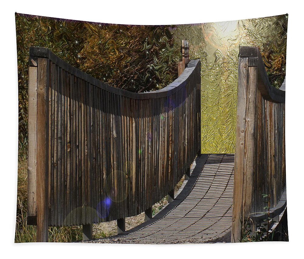 Wooden Bridge Tapestry featuring the digital art Bridge to Forever by Kae Cheatham