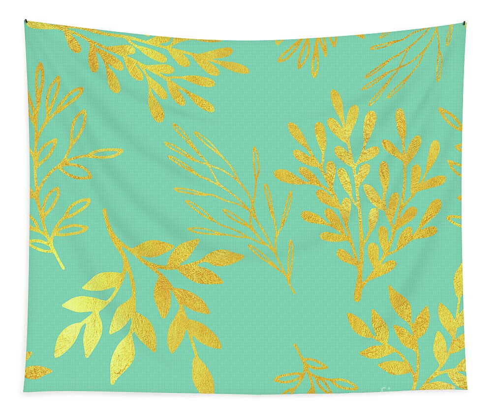 Botanical Leaves Tapestry featuring the painting Bright golden Leaves on aquamarine botanical pattern by Tina Lavoie