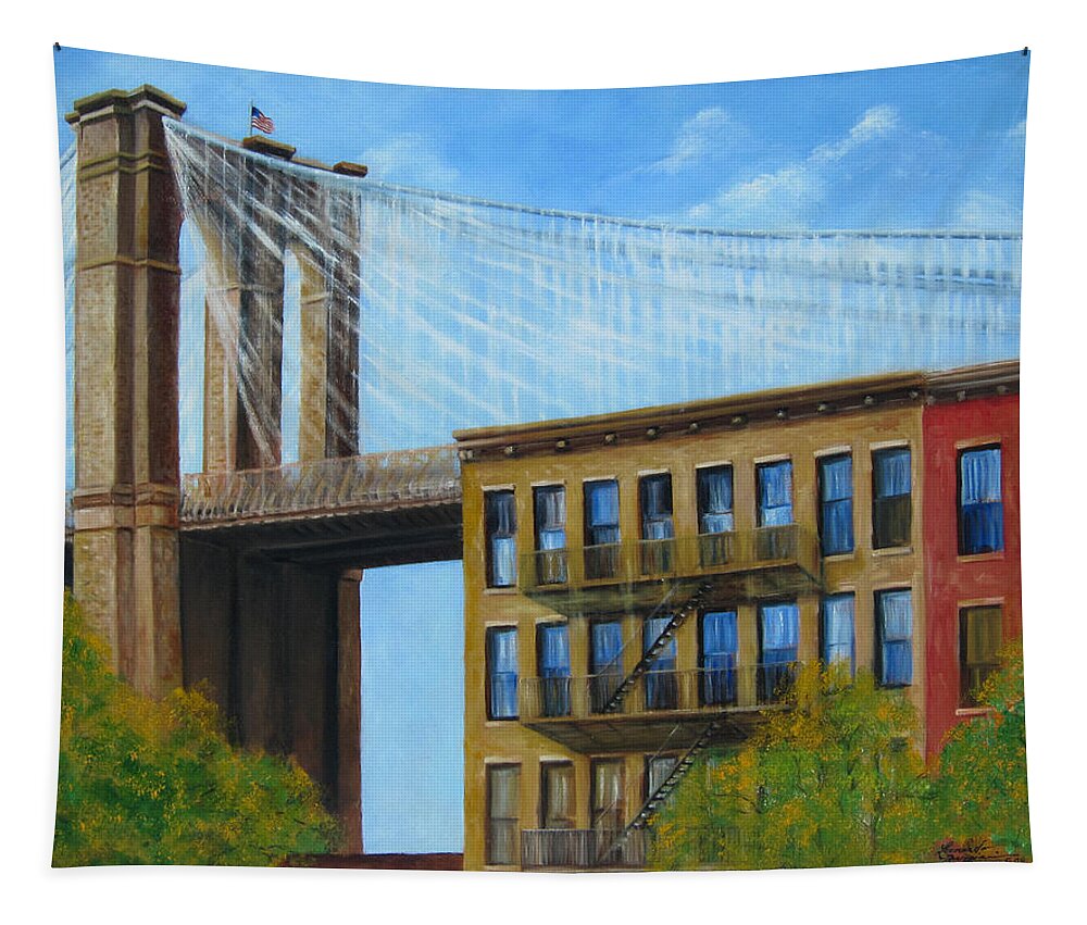 Brownstones Tapestry featuring the painting Brooklyn Bridge by Leonardo Ruggieri