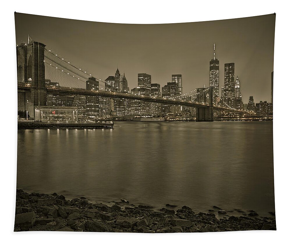 New York Tapestry featuring the photograph Brooklyn Bridge NYC Skyline Sepia by Susan Candelario