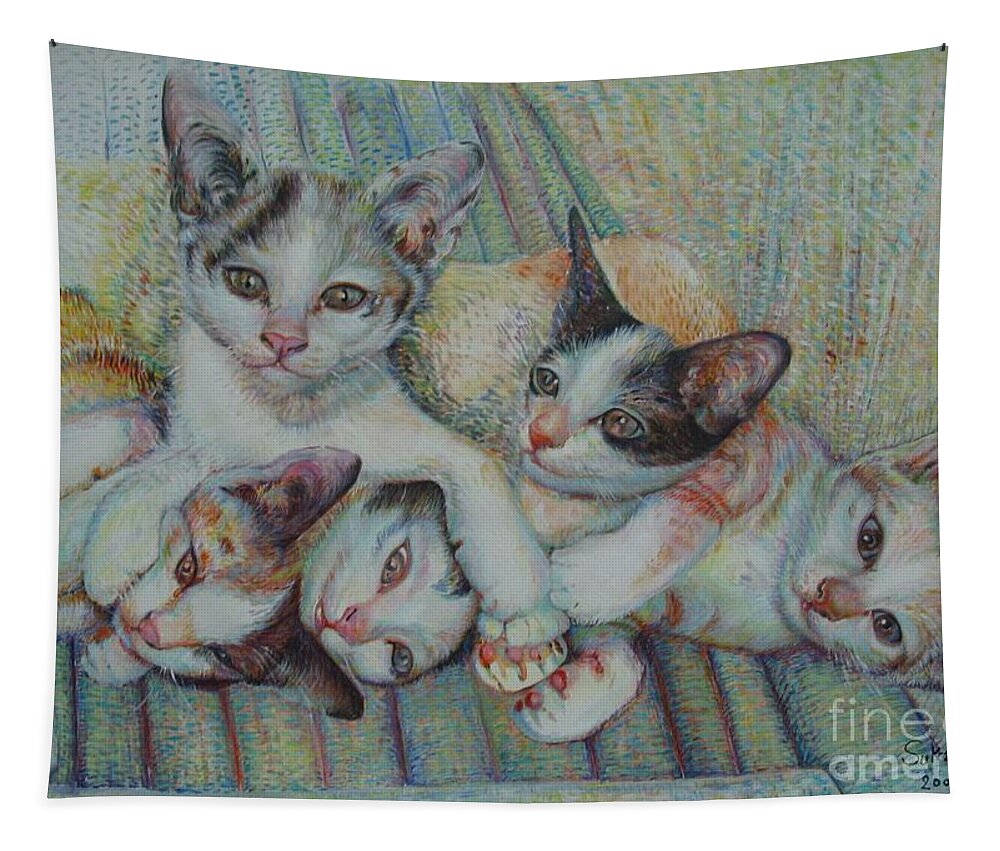 Cats Tapestry featuring the painting Brothers and Sisters by Sukalya Chearanantana