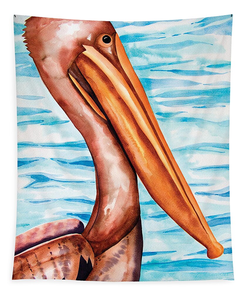 Brown Pelican Tapestry featuring the painting Brown Pelican Portrait by Kandyce Waltensperger
