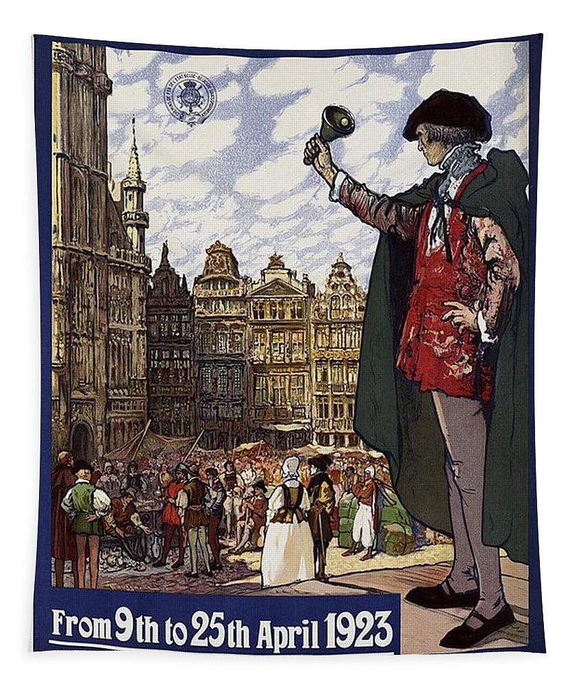 Brussels Tapestry featuring the mixed media Brussels Commercial Fair Poster - Retro Poster - Vintage Travel Advertising Poster by Studio Grafiikka