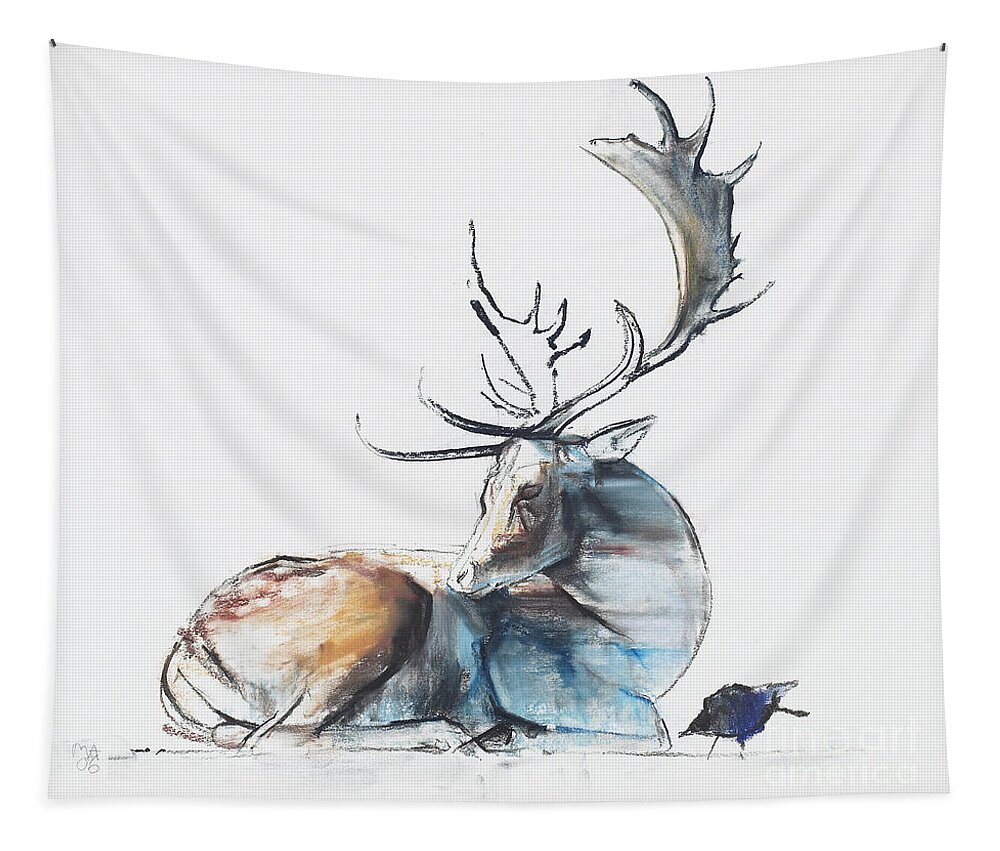 Wildlife Tapestry featuring the painting Buck and Bird by Mark Adlington