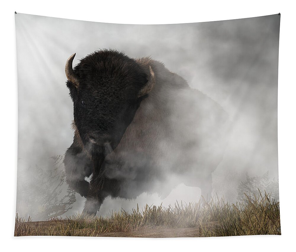 Buffalo Emerging From The Fog Tapestry featuring the digital art Buffalo Emerging From The Fog by Daniel Eskridge