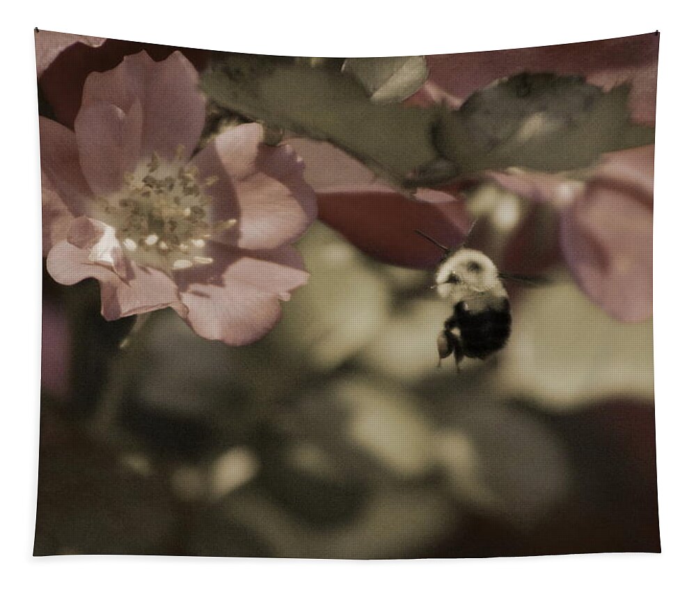 Toasted Spice Tapestry featuring the photograph Bumblebee Flying to Country Rose in Toasted Spice and Sepia Tones by Colleen Cornelius