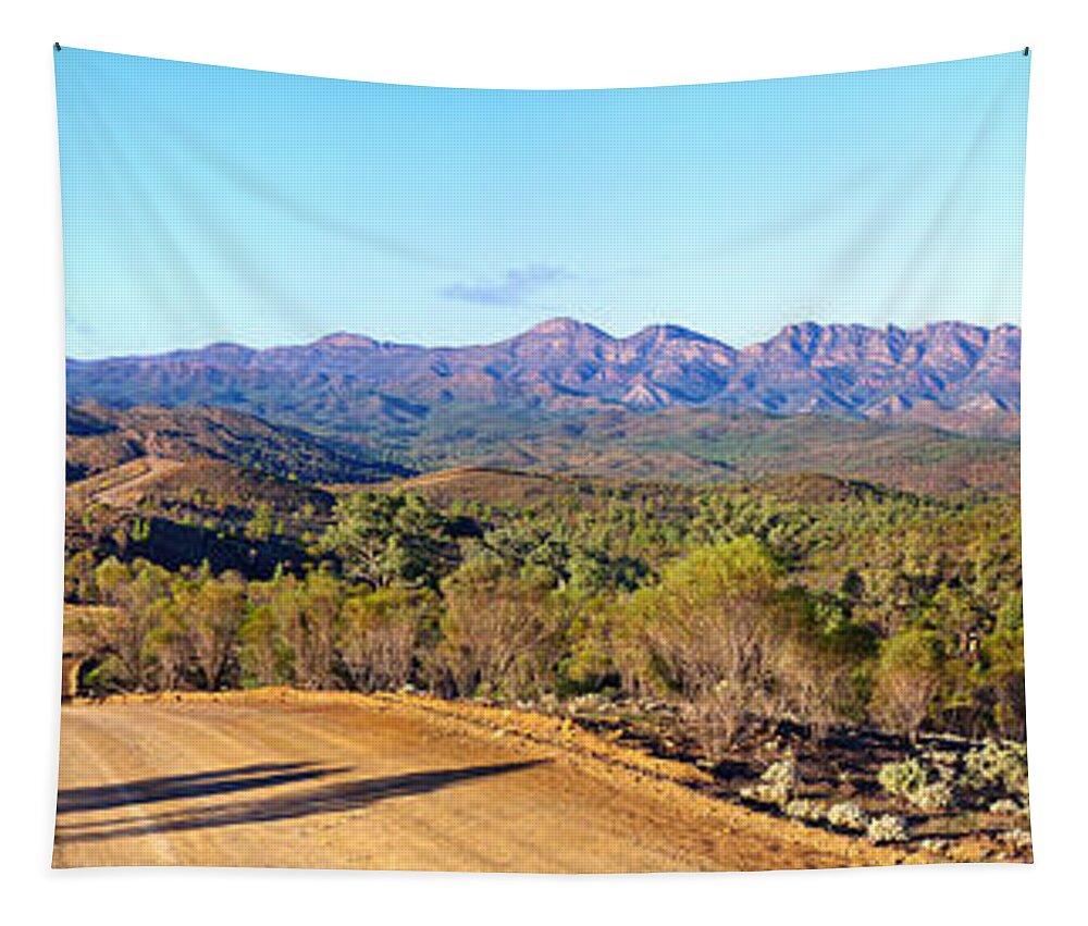 Bunyeroo Valley Wilpena Pound Flinders Ranges Outback Landscape Landscapes South Austrlai Australian Dirt Road Track Bush Pano Panorama Scenic Tapestry featuring the photograph Bunyeroo Valley and Wilpena Pound by Bill Robinson