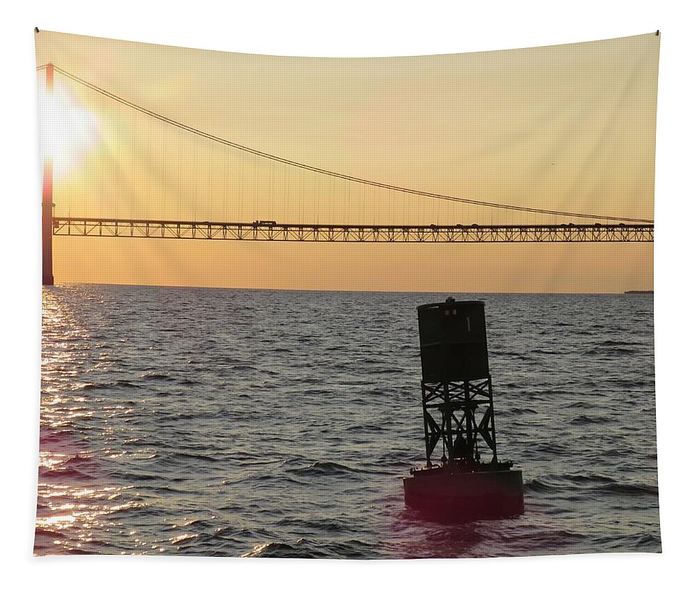 Mackinac Bridge Tapestry featuring the photograph Buoy and Bridge by Keith Stokes