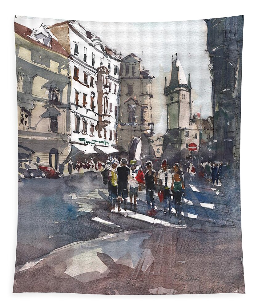Landscape Tapestry featuring the painting Busy summer day in Prague by Gaston McKenzie