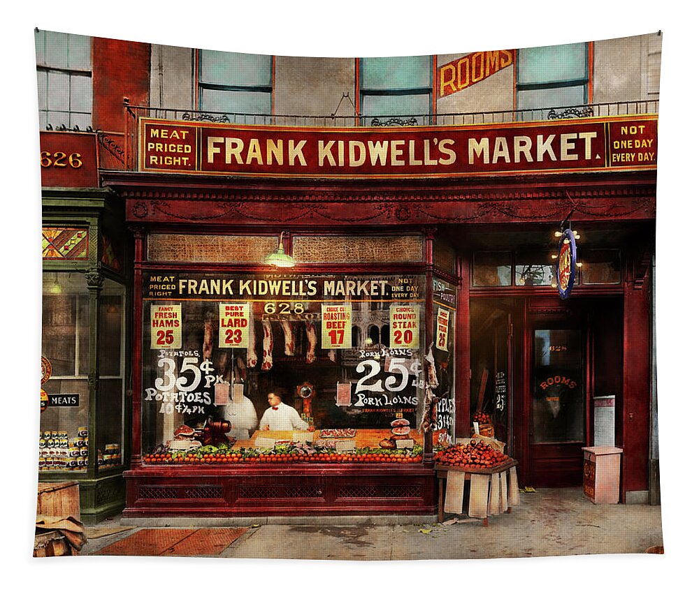 Frank Kidwell Tapestry featuring the photograph Butcher - Meat priced right 1916 by Mike Savad