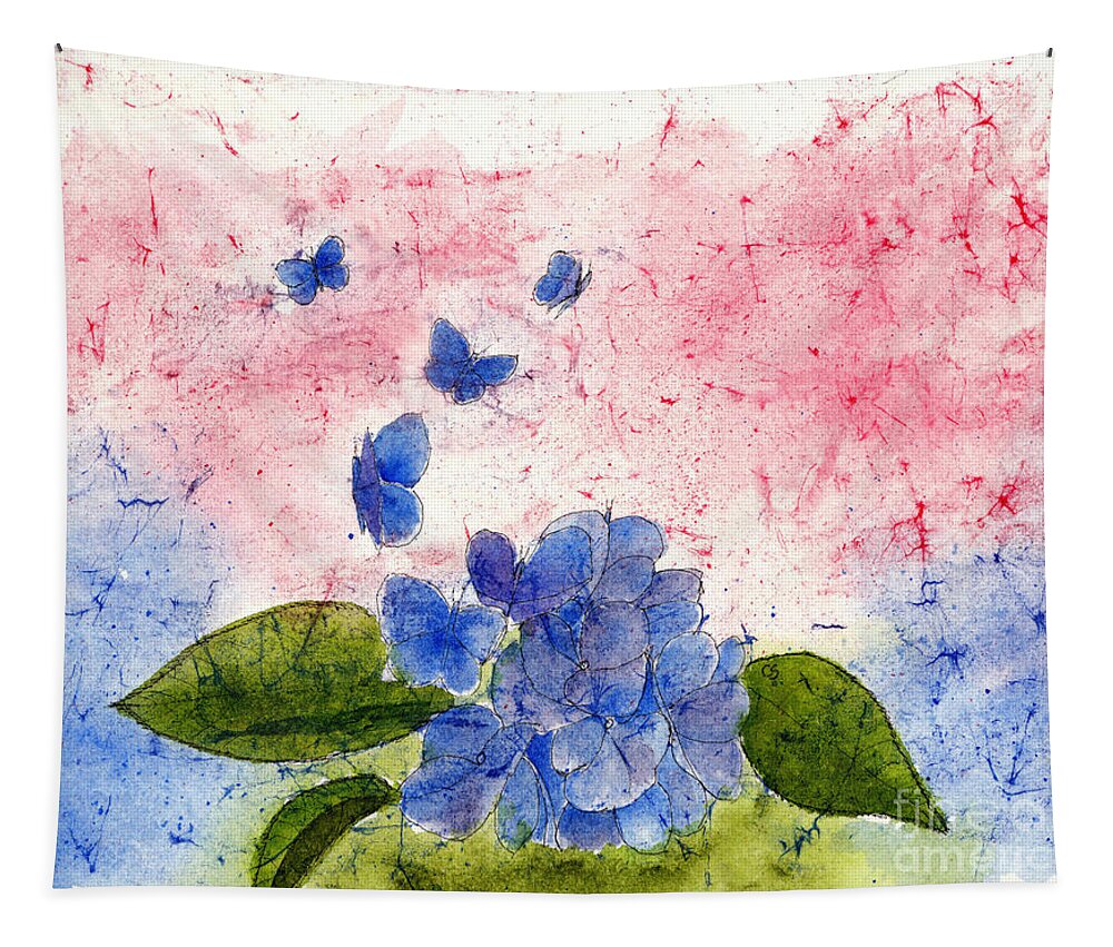 Blue Hydrangea Tapestry featuring the painting Butterflies or Hydrangea Flower, You Decide by Conni Schaftenaar