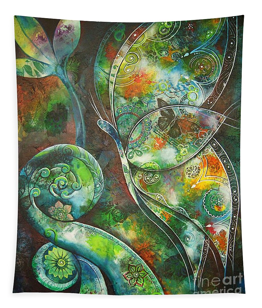 Butterfly Tapestry featuring the painting Butterfly with Koru by Reina Cottier by Reina Cottier