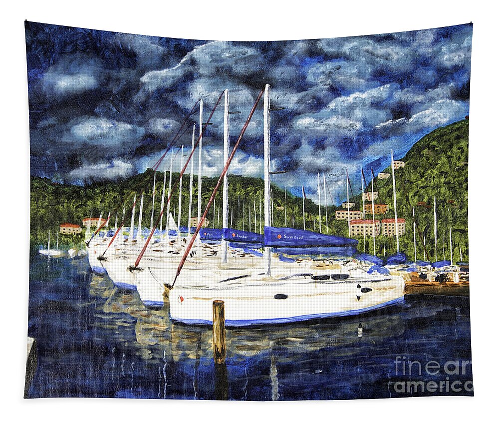 Acrylic Paintings Tapestry featuring the painting BVI Sailboats Painting by Timothy Hacker