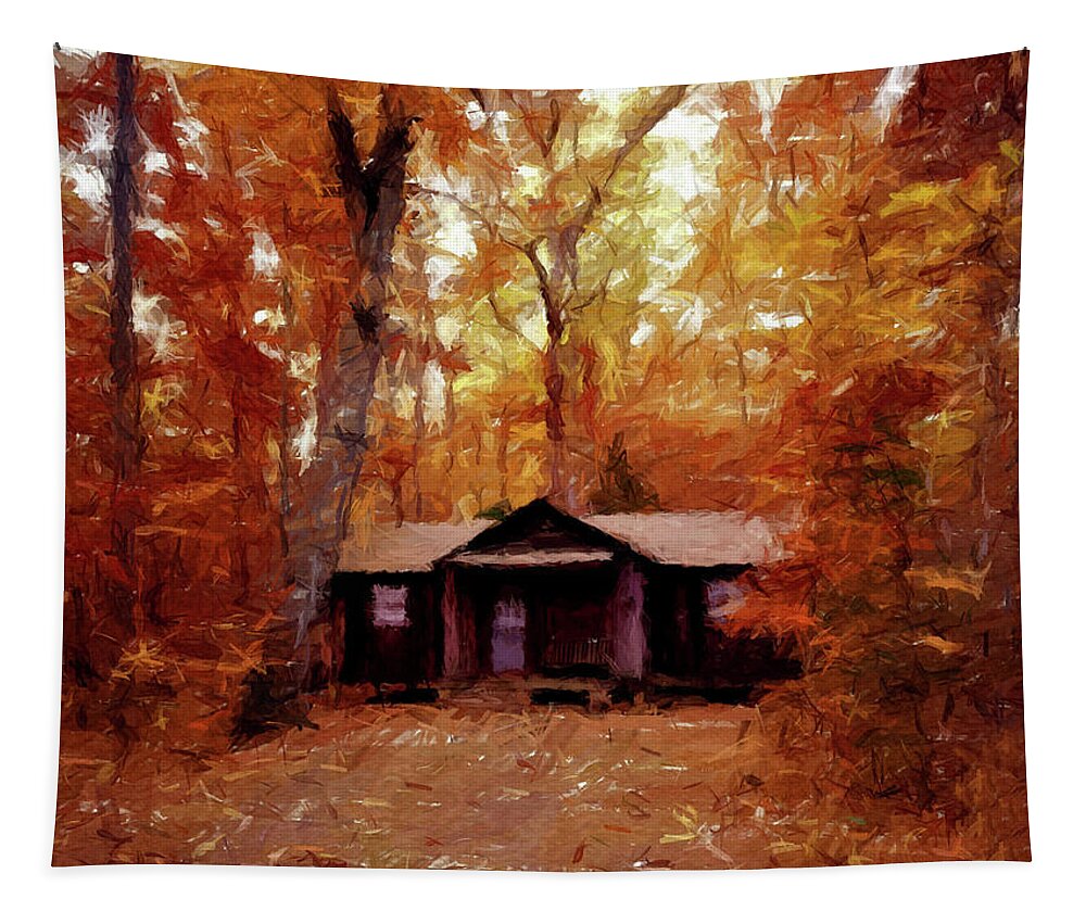 Cabin Tapestry featuring the painting Cabin In The Woods P D P by David Dehner