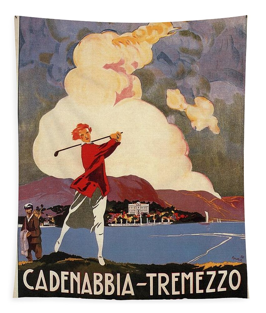 Golf Tapestry featuring the mixed media Cadenabbia Tremezzo, Golf and Tennis - Golf Club - Retro travel Poster - Vintage Poster by Studio Grafiikka