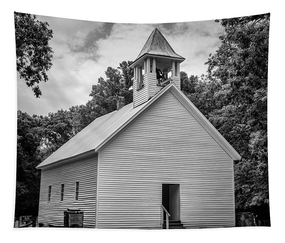 Cades Cove Tapestry featuring the photograph Cades Cove Primitive Baptist Church - BW 1 by Stephen Stookey