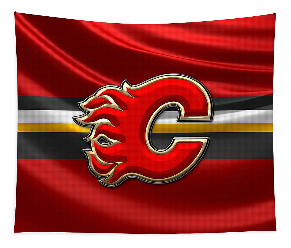 Hockey Hall Of Fame 3d By Serge Averbukh Tapestry featuring the photograph Calgary Flames - 3D Badge over Flag by Serge Averbukh