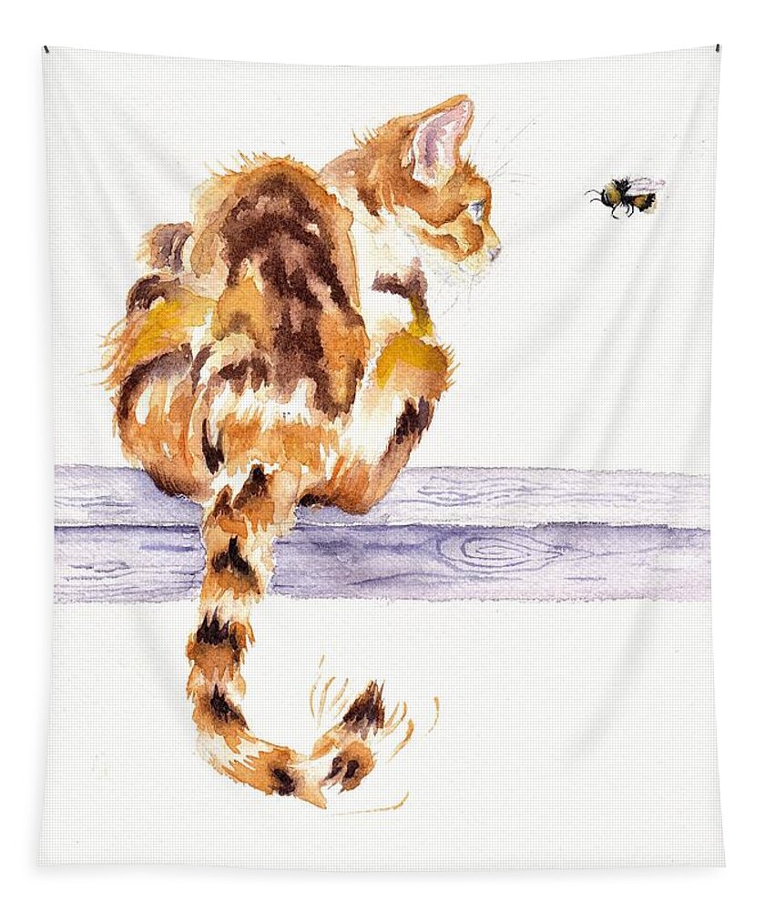 Cat Tapestry featuring the painting Calico Cat Bee Watchful by Debra Hall