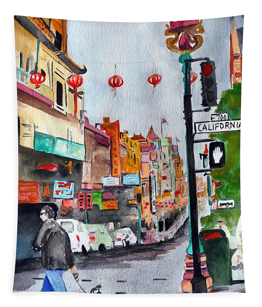 California Tapestry featuring the painting California Chinatown by Julie Lueders 