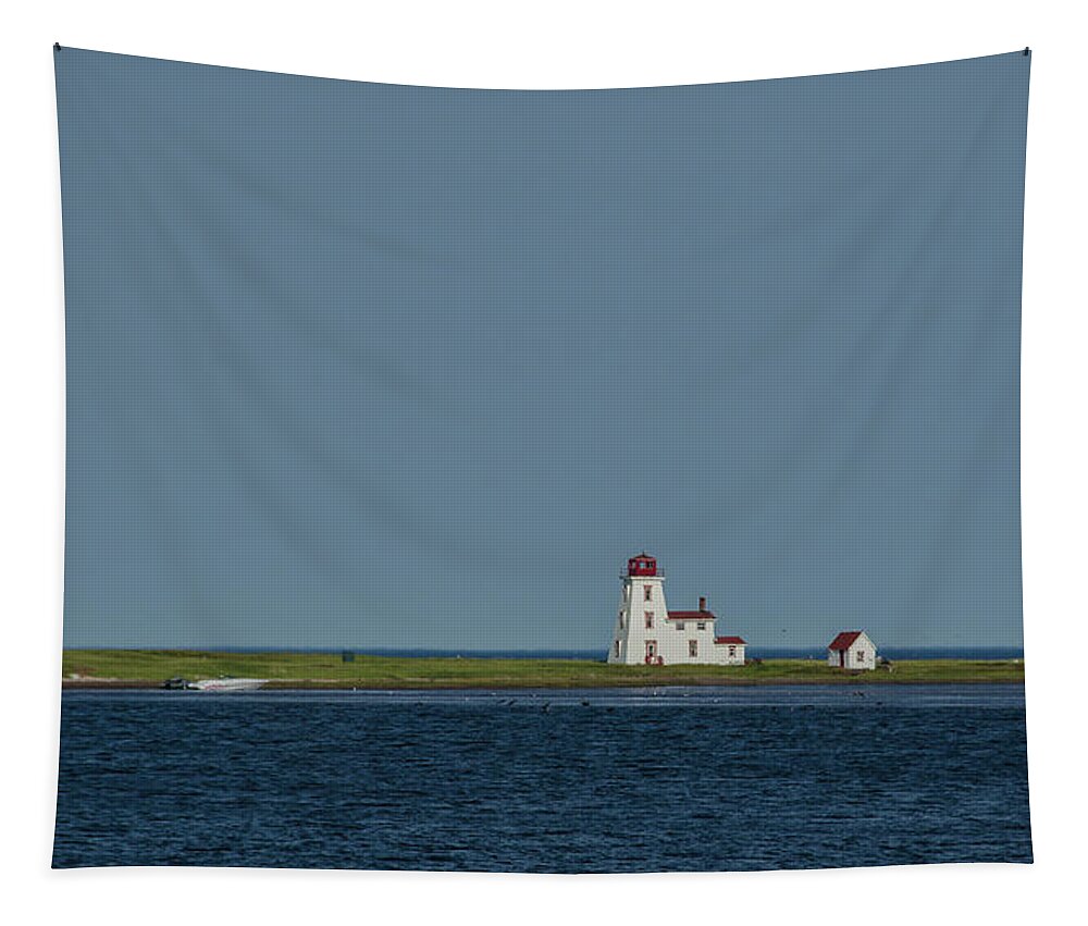 Lighthouse Tapestry featuring the photograph Calming Blue Sea and Sky Frame Distant Lighthouse by Douglas Wielfaert