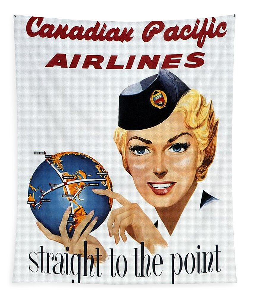 Canadian Pacific Tapestry featuring the mixed media Canadian Pacific Airlines - Straight To The Point - Retro travel Poster - Vintage Poster by Studio Grafiikka