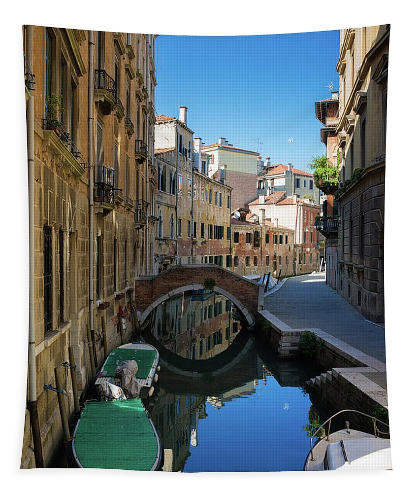 Venice Tapestry featuring the photograph Canal with boats and blue water in lovely Venice Italy by Matthias Hauser