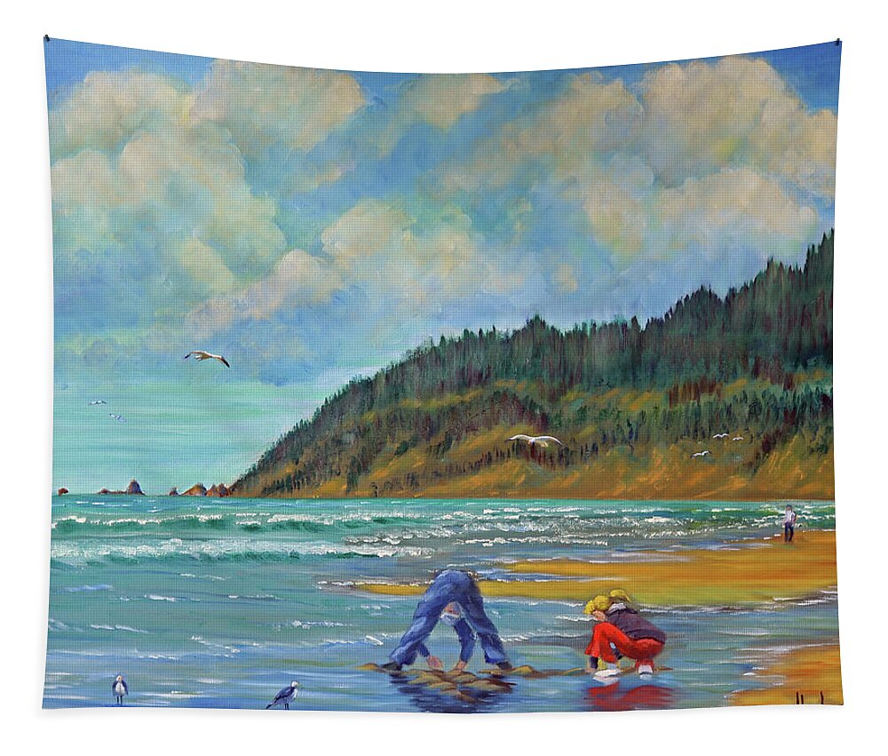 Cannon Beach Oregon Tapestry featuring the painting Cannon Beach Kids by Kevin Hughes