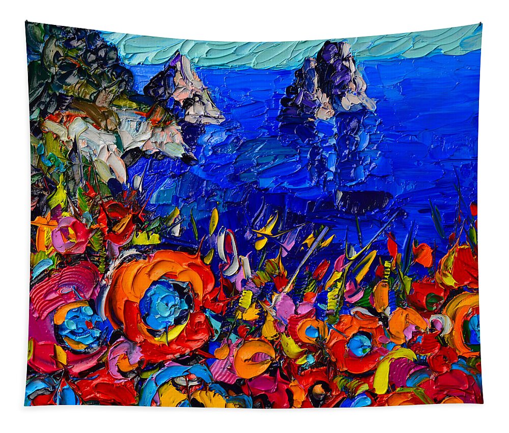Capri Tapestry featuring the painting Capri Faraglioni Italy Colors Modern Impressionist Palette Knife Oil Painting By Ana Maria Edulescu by Ana Maria Edulescu