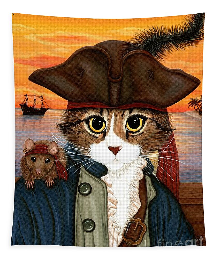 Pirate Cat Tapestry featuring the painting Captain Leo - Pirate Cat and Rat by Carrie Hawks