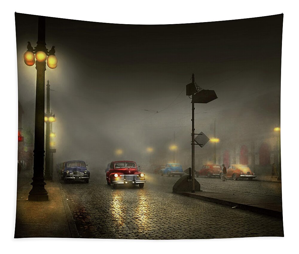 City Tapestry featuring the photograph Car - Down a lonely road 1940 by Mike Savad