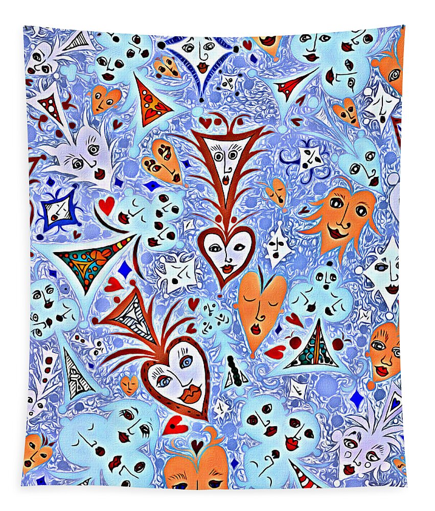 Lise Winne Tapestry featuring the digital art Card Game Symbols with Faces in Blue by Lise Winne