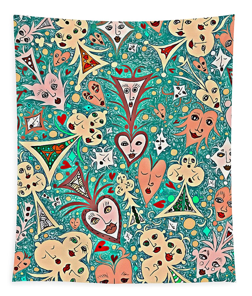 Lise Winne Tapestry featuring the digital art Card Game Symbols with Faces in Green by Lise Winne