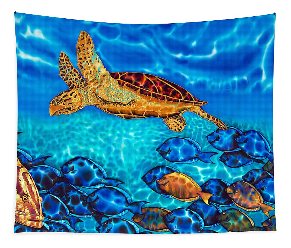 Turtle Tapestry featuring the painting Caribbean Sea Turtle and Reef Fish by Daniel Jean-Baptiste