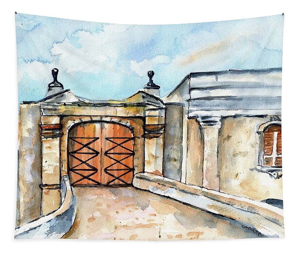 Old San Juan Tapestry featuring the painting Castillo de San Cristobal Entry Gate by Carlin Blahnik CarlinArtWatercolor