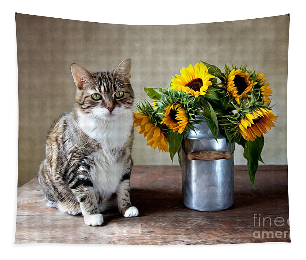 Cat Tapestry featuring the painting Cat and Sunflowers by Nailia Schwarz