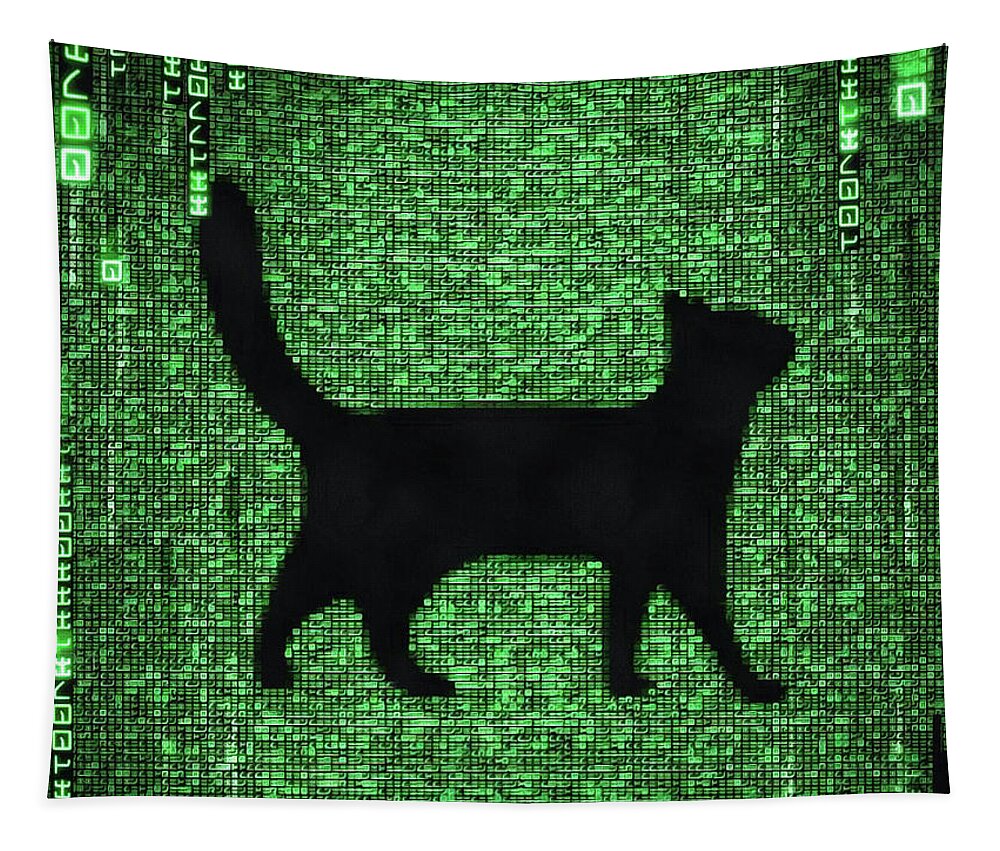 Cat Tapestry featuring the digital art Cat in the Matrix black and green by Matthias Hauser
