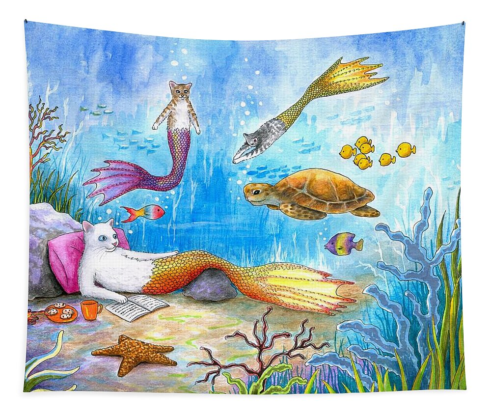 Cat Tapestry featuring the painting Cat Mermaid 31 by Lucie Dumas