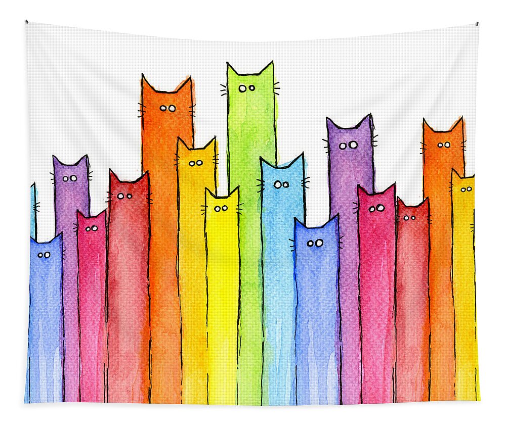 Cats Tapestry featuring the painting Cat Rainbow Watercolor Pattern by Olga Shvartsur