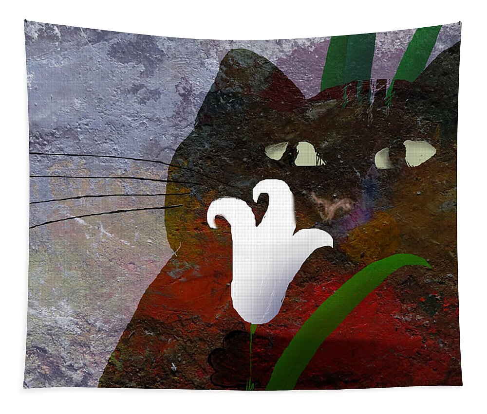 Cat Tapestry featuring the painting Cat with Lily by Attila Meszlenyi